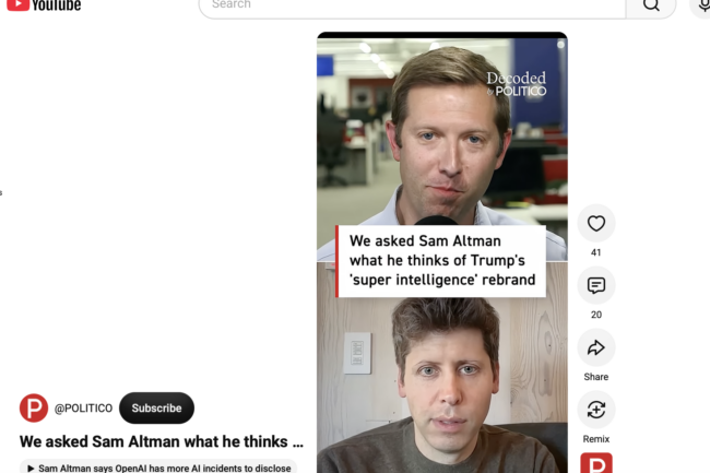 We asked Sam Altman what he thinks of Trump's 'super intelligence' rebrand. YouTube. https://www.youtube.com/shorts/ml7EdBsqXqw